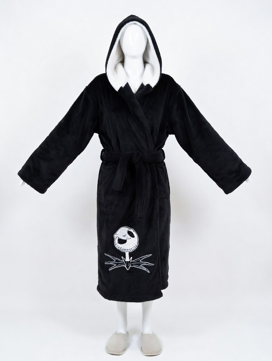 The Nightmare Before Christmas Black Hooded Fleece Bathrobe - Adults one size fits most.