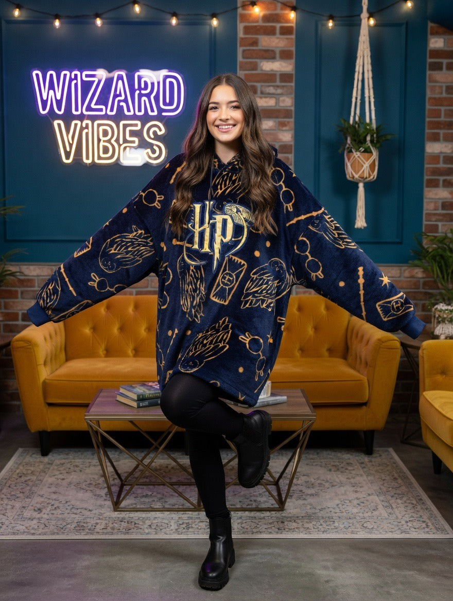 Harry Potter Blue and Gold cosy fleece hoodie - Adults one size fits most.