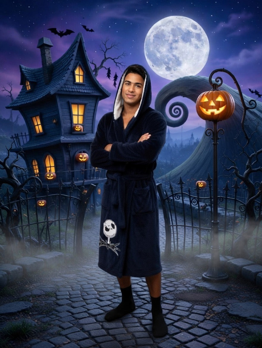 The Nightmare Before Christmas Black Hooded Fleece Bathrobe - Adults one size fits most.