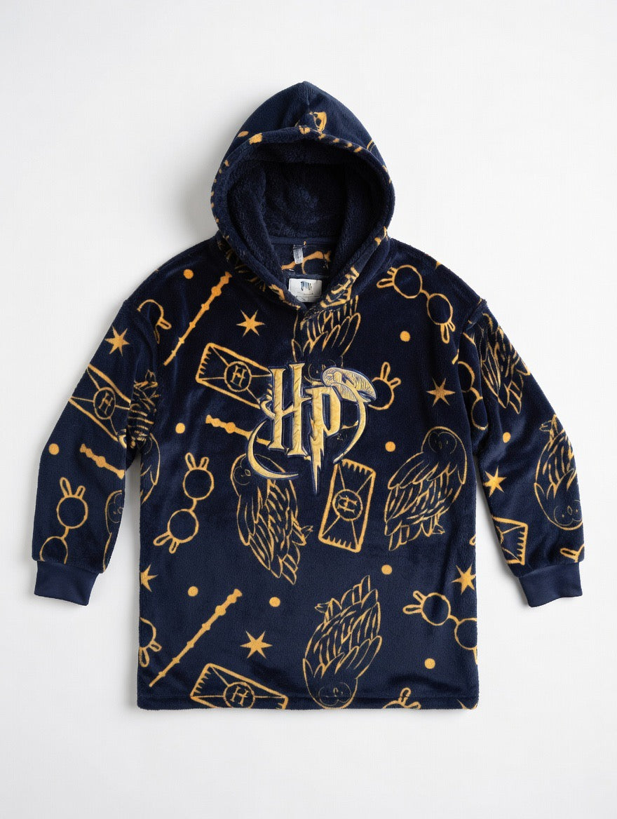 Harry Potter Blue and Gold cosy fleece hoodie - Adults one size fits most.