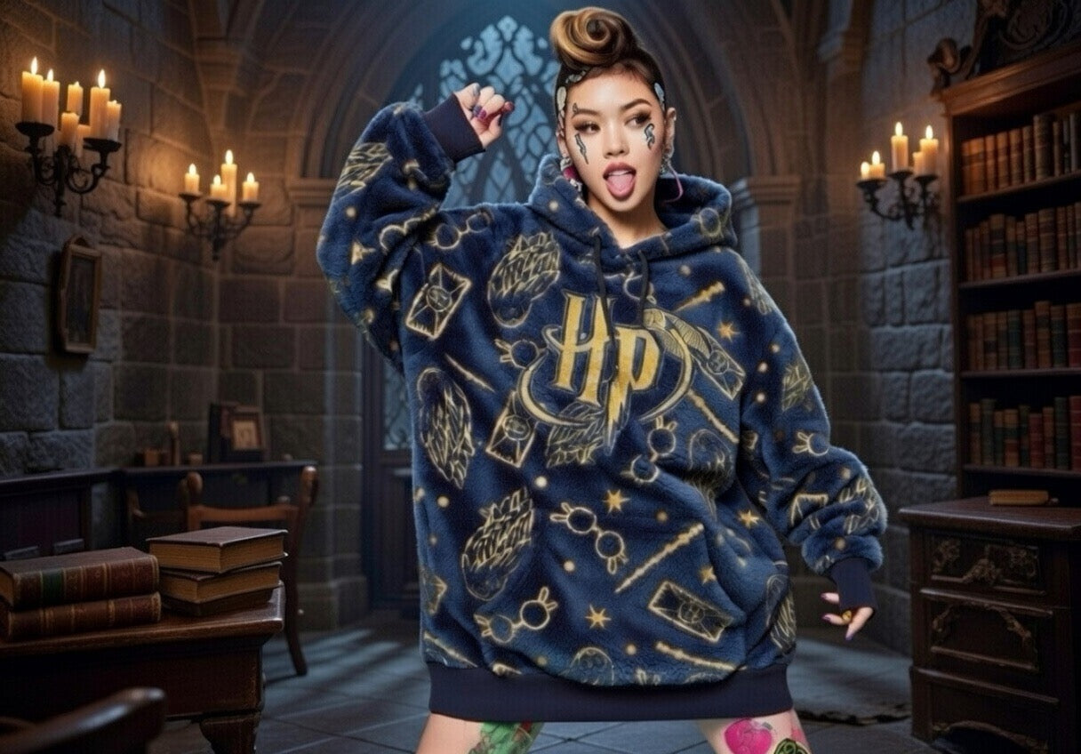Harry Potter Blue and Gold cosy fleece hoodie - Adults one size fits most.