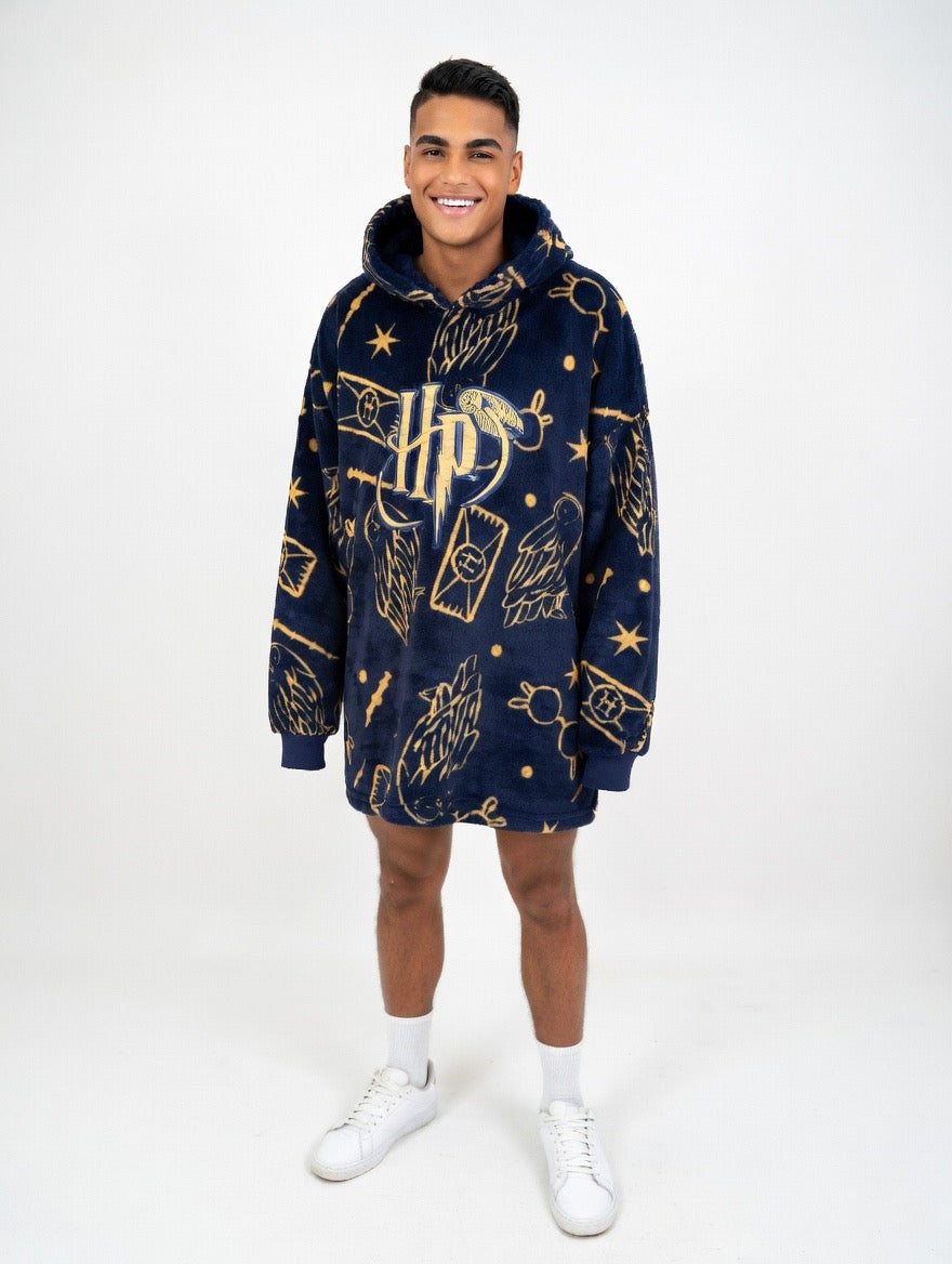 Harry Potter Blue and Gold cosy fleece hoodie - Adults one size fits most.