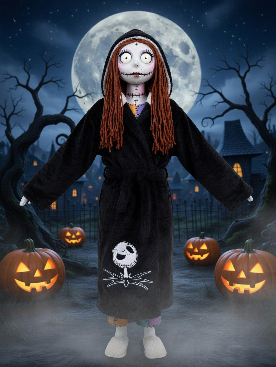 The Nightmare Before Christmas Black Hooded Fleece Bathrobe - Adults one size fits most.