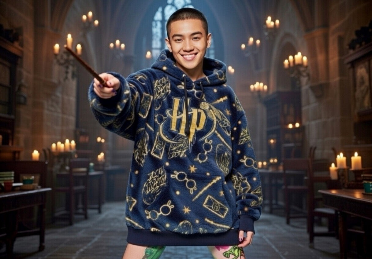 Harry Potter Blue and Gold cosy fleece hoodie - Adults one size fits most.