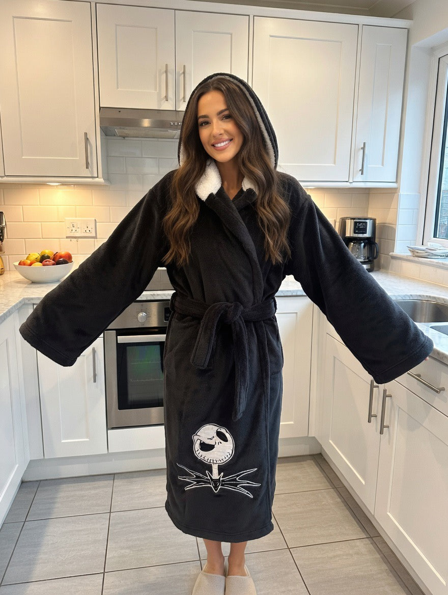 The Nightmare Before Christmas Black Hooded Fleece Bathrobe - Adults one size fits most.