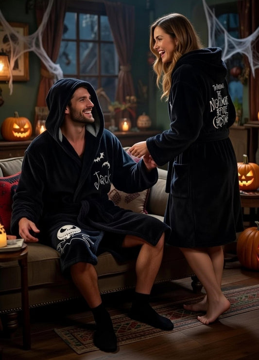 The Nightmare Before Christmas Black Hooded Fleece Bathrobe - Adults one size fits most.