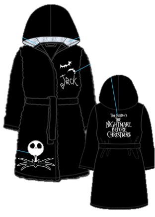 The Nightmare Before Christmas Black Hooded Fleece Bathrobe - Adults one size fits most.